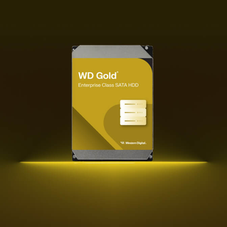WD Gold Enterprise Class SATA HDD with gold label branding against dark background with yellow accent lighting, Western Digital enterprise storage solution