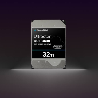 WD Ultrastar DC HC690 32TB data center SMR hard drive with OptiNAND technology against dark background with white accent lighting