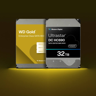 WD Gold Enterprise Class SATA HDD and Ultrastar DC HC690 32TB drives side-by-side with yellow accent lighting showing Western Digital enterprise storage portfolio