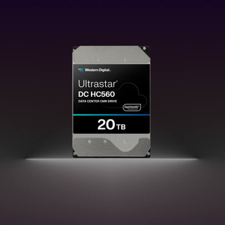 WD Ultrastar DC HC560 20TB data center CMR hard drive with OptiNAND technology against dark background with white lighting, enterprise storage solution