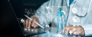 Healthcare professional using holographic medical interface displaying patient vitals, anatomical 3D imaging, AI analytics icons, and cloud data systems for digital healthcare data management