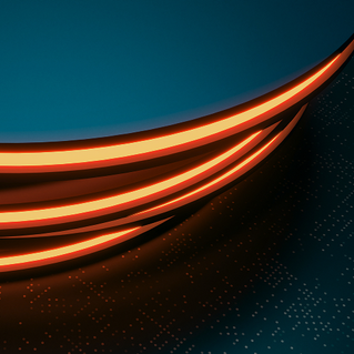 Abstract orange light trails against dark blue background representing high-speed data flow