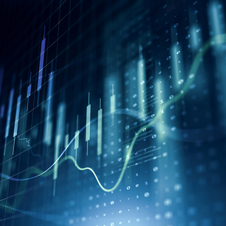 Financial data visualization with candlestick charts and trend lines in blue digital interface