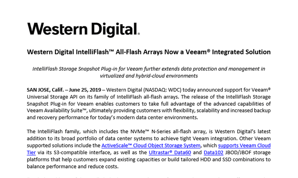プレスリリース - Western Digital IntelliFlash™ All-Flash Arrays Now a Veeam® Integrated Solution（Western Digital IntelliFlash™オールフラッシュアレイをVeeam®統合ソリューションとして提供）